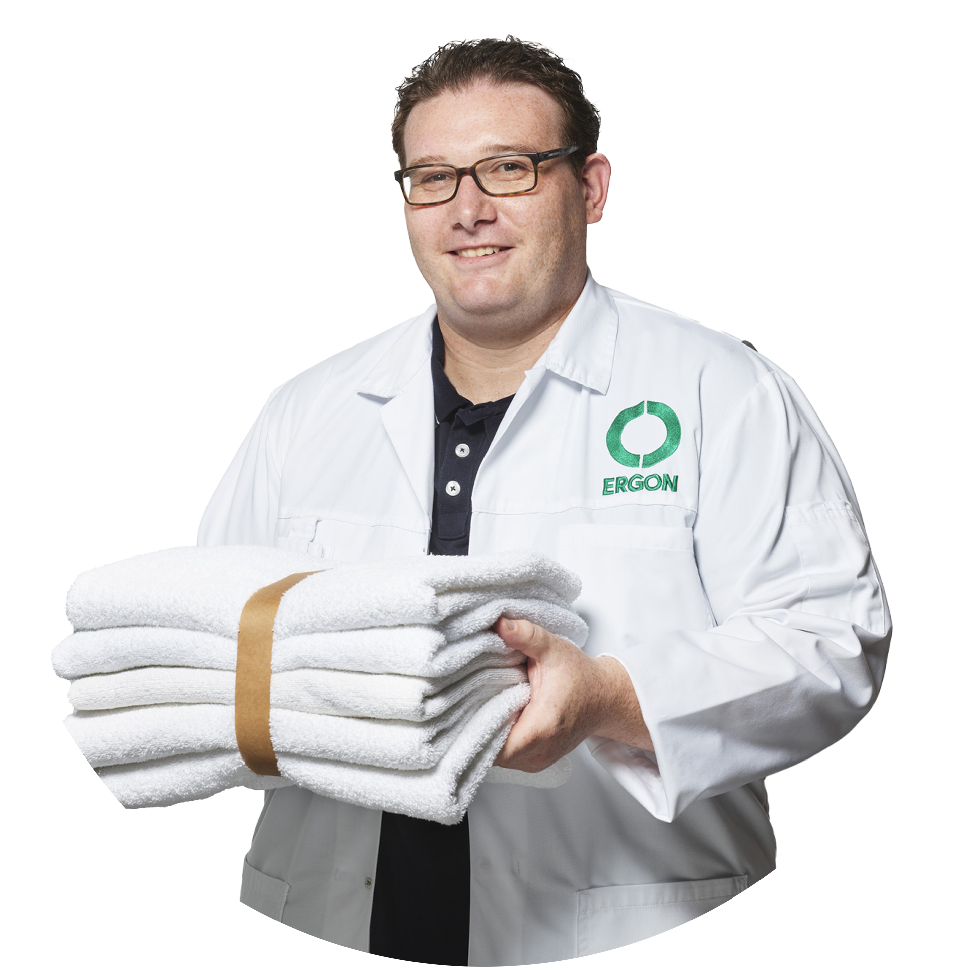 Decoratieve bewerking van een medewerker van Ergon Wasserij in het Ergon logo.